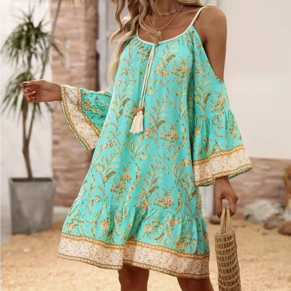 Boho Floral Print Cold Shoulder Flare Sleeve Tassel Tie Dress - Picture 9 of 16